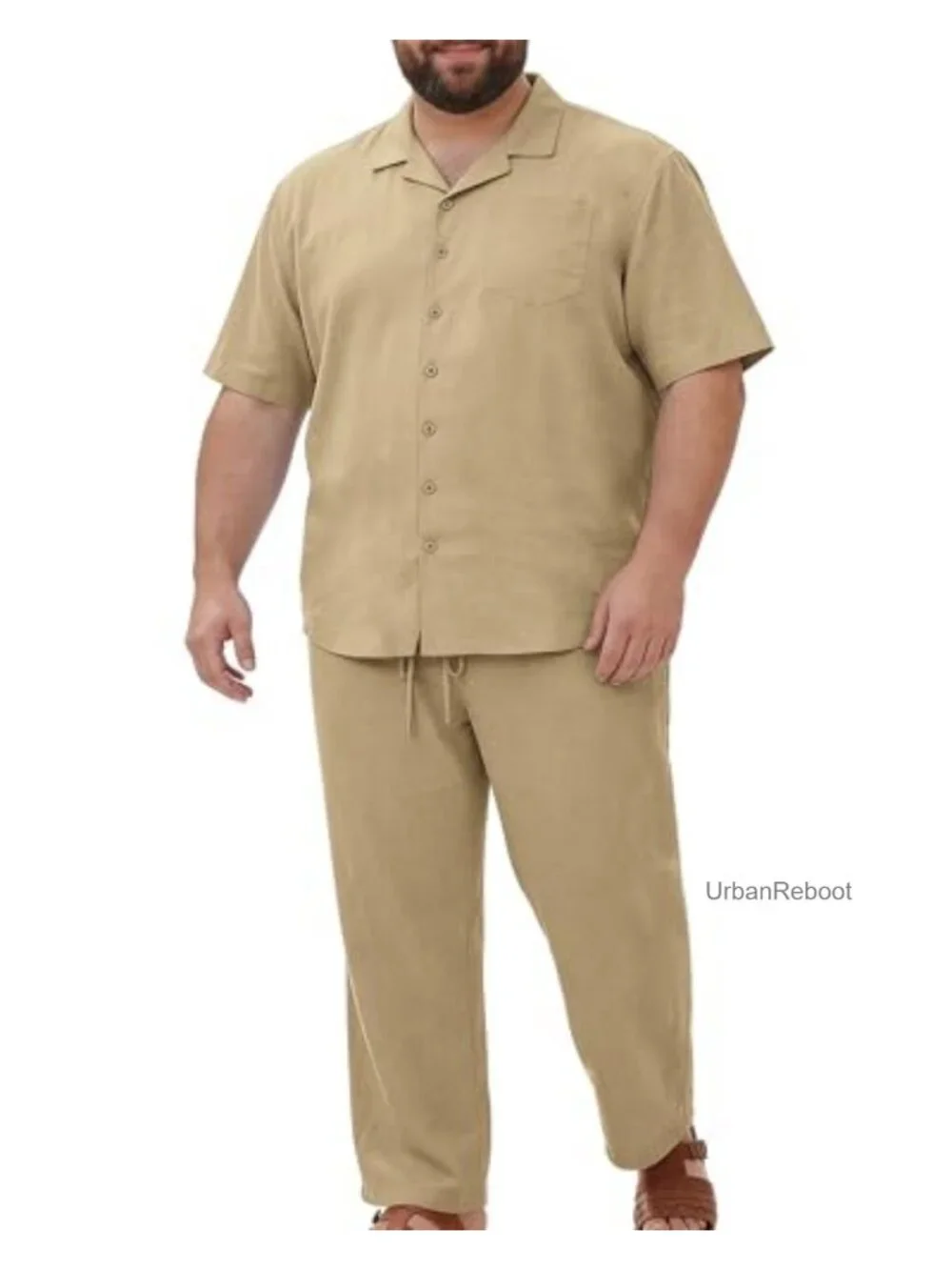 Big & Tall Men's 2-Piece Faux Linen Outfit - Short Sleeve Shirt & Pants Set -